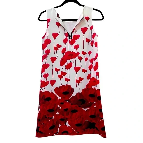 Isle by Melis Kozan Women’s Large Shift White Dress Scuba Red Poppy Art Size XS - Picture 3 of 5